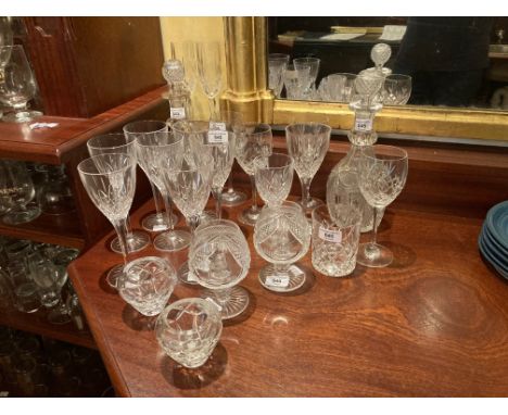 A fine pair of heavy crystal glass Decanters, probably Waterford, each with facet cut neck rings and bulbous stopper, a pair 