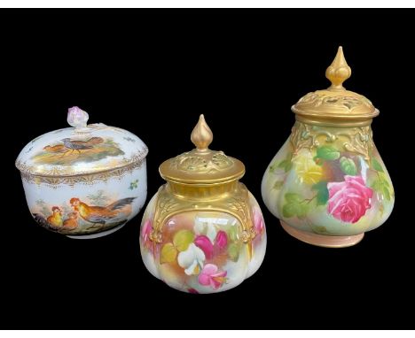 TWO ROYAL WORCESTER POT POURRI COVERED VASES &amp; MEISSEN HAUSMALERAI COVERED BOWL, first two of shapes H291 and H175, paint