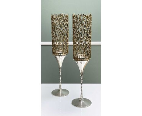 ‡ PAIR STUART DEVLIN SILVER & SILVER-GILT CANDLESTICKS, London 1973, each with removable cylindrical cagework shade and polis