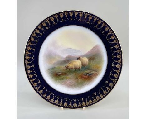 ROYAL WORCESTER PORCELAIN CABINET PLATE, painted by Harry Davis with two sheep in a misty highland landscape, within gilt orn