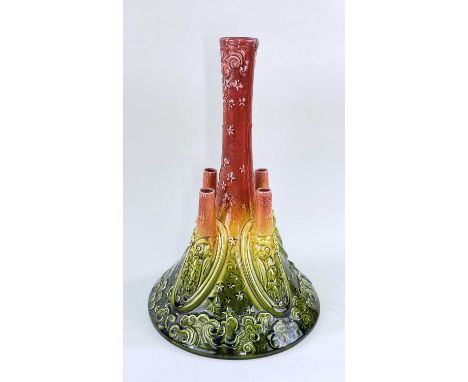 CHRISTOPHER DRESSER FOR AULT POTTERY,  c. 1890, vase of flaring cylindrical form with tall neck, surrounded by four smaller c