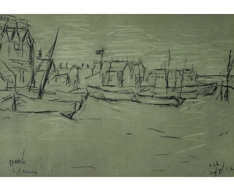‡ LAURENCE STEPHEN LOWRY RBA RA, 1973, offset lithograph printed in colours - 'Deal', sketch of boats at harbour, signed in b