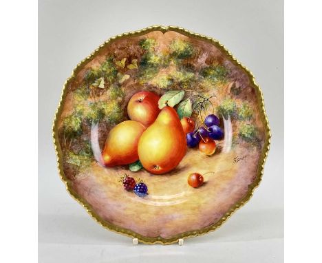 ROYAL WORCESTER FINE BONE CHINA CABINET PLATE, by John Freeman, hand-painted with a still life of fruit on a mossy bank withi