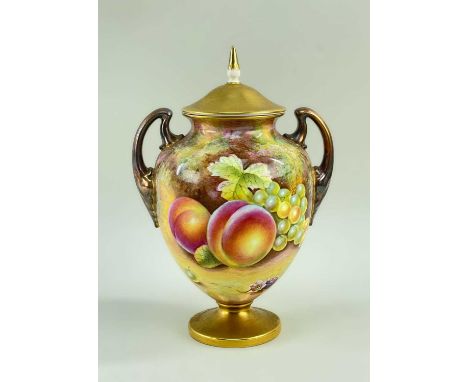 ROYAL WORCESTER FINE BONE CHINA TWIN-HANDLED VASE &amp; COVER, by Brian Leaman, hand-painted with a still life of fruit on a 