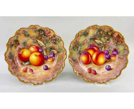 TWO ROYAL WORCESTER FINE BONE CHINA CABINET PLATES, by Harry Ayrton, both hand-painted with a still life of fruit on a mossy 