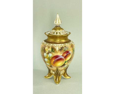 ROYAL WORCESTER FINE BONE CHINA POT POURRI JAR &amp; COVER, hand-painted with a still life of fruit on a mossy bank within gi