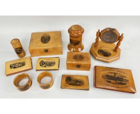 ELEVEN MAUCHLINE WARE COLLECTIBLES, comprising five booklets including of an album of Manchester Zoological Gardens, 13cms hi