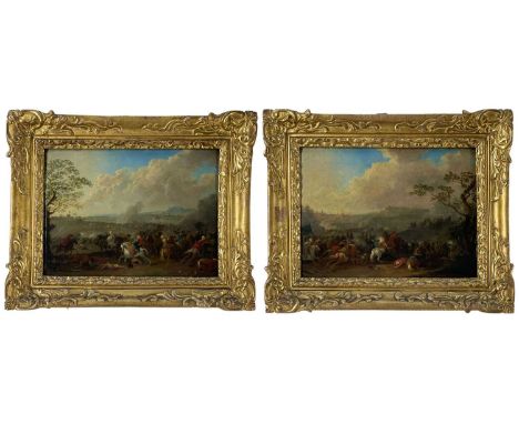 MANNER OF PHILIPS WOUWERMAN oils on panel, a pair - battle scenes with 17th Century Ottoman vs. Christian cavalry at dawn and