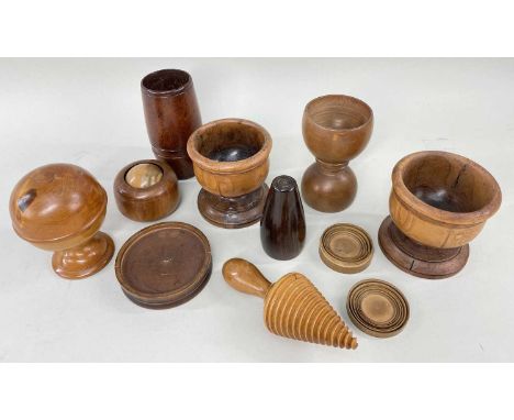 ASSORTED TREEN DENTAL & APOTHECARY'S ACCESSORIES, including pill silverer, two double measures, mortar, massage roller, denta