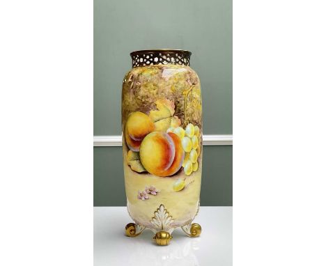 ROYAL WORCESTER FINE BONE CHINA CYLINDRICAL VASE, by John Reed, hand-painted with a still life of fruit on a mossy bank, pier