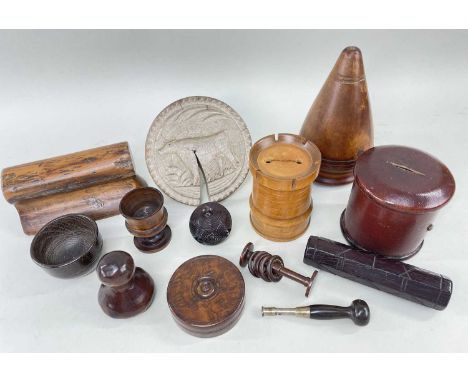 MIXED GROUP OF TREEN &amp; FOLK ART, including large plumber's turnpin, 14cms h, castle tower money box, 9.5cms h, butter pre