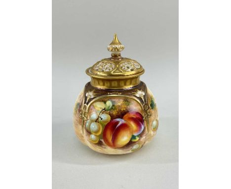 ROYAL WORCESTER FINE BONE CHINA POT POURRI JAR &amp; COVER, hand-painted with a still life of fruit on a mossy bank within gi