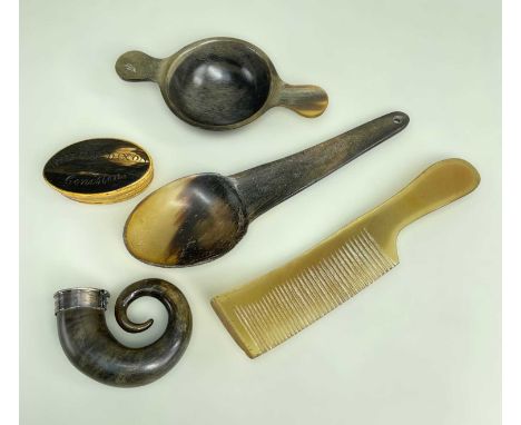 CARVED SHEEP HORN ITEMS, including oval snuff box incised 'William Dixon, Coniston', 6.7cms long, Scottish white metal mounte