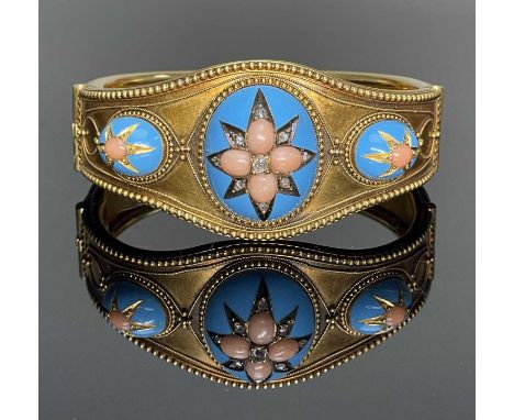 VICTORIAN CORAL, DIAMOND &amp; ENAMEL HINGED BANGLE, the three graduated blue enamel domes set with coral, old brilliant and 