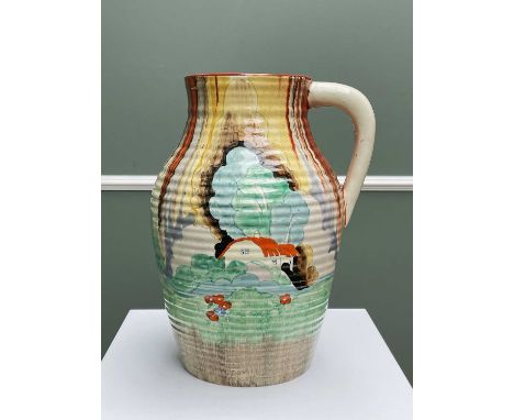 CLARICE CLIFF 'FOREST GLEN' LOTUS JUG, ribbed body, plain loop handle, printed marksDimensions: 28.5cms hProvenance:deceased 