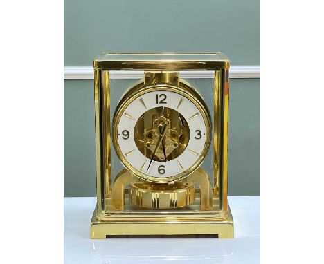 LACQUERED BRASS & PERSPEX JAEGER LE COULTRE 'CLASSIC V' ATMOS CLOCK, c. 1971, in original case, movement no. 32**01, circular