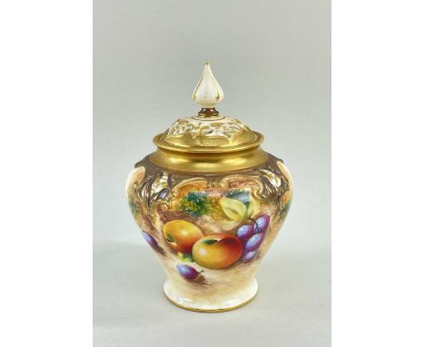ROYAL WORCESTER FINE BONE CHINA POT POURRI JAR &amp; COVER, hand-painted with a still life of fruit on a mossy bank within gi