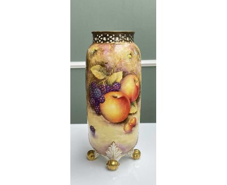 ROYAL WORCESTER FINE BONE CHINA CYLINDRICAL VASE, by Christopher Hughes, hand-painted with a still life of fruit on a mossy b