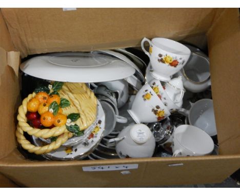 Various framed and boxed butterflies, gourds, assorted ceramics including Colclough part tea service and other items and a bo