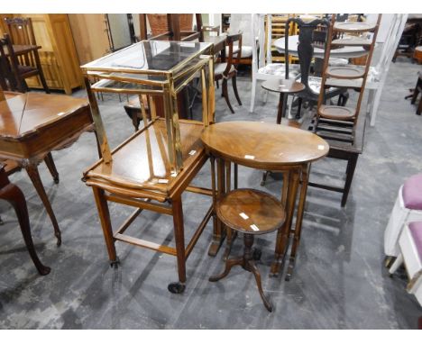 A quarter-veneered walnut nest of three tables, a wine table, an oak tea trolley and another item (4) 