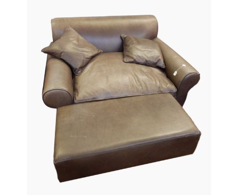 A Conran sofa and footstool in dove-grey leather, 140cm wide 