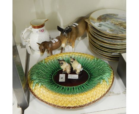 A Coalport reproduction mask head jug, a Beswick model of a donkey, a majolica basket weave oval dish, Royal Worcester collec