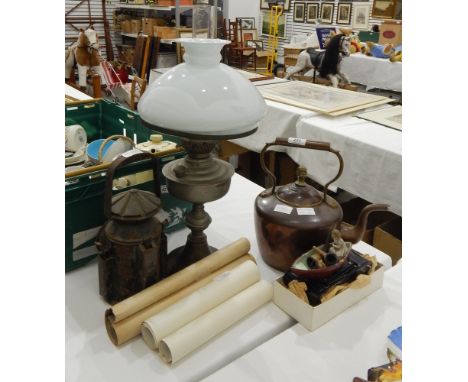 A metal oil lamp with glass shade, a railway lamp, a Pears print, two cameras and other items 