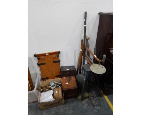 A Hobbies jigsaw, a Singer sewing machine in wooden carrying case, a gas mask and various other tools, etc. 