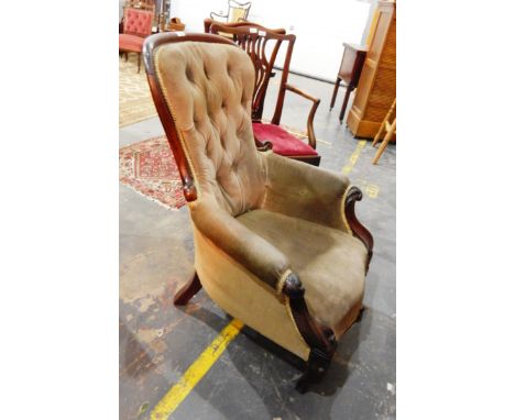 Victorian mahogany framed button back armchair, carved scroll arms to short cabriole legs