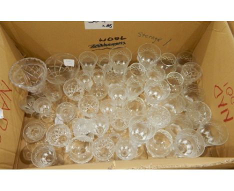 A large quantity of cut glass and other glassware including wines, sherries, bowls, vases, etc. and a vintage weighing scale 