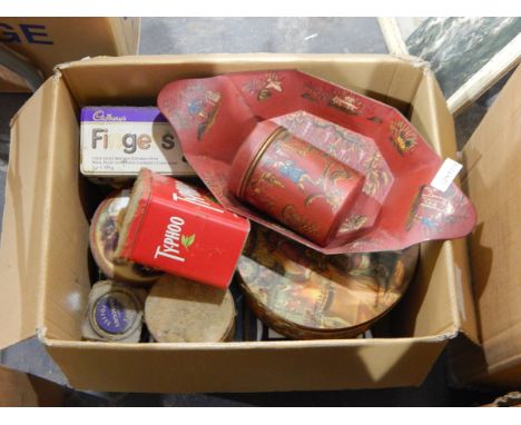Assorted vintage tins, weighing scales, kettle, etc. (3 boxes) 