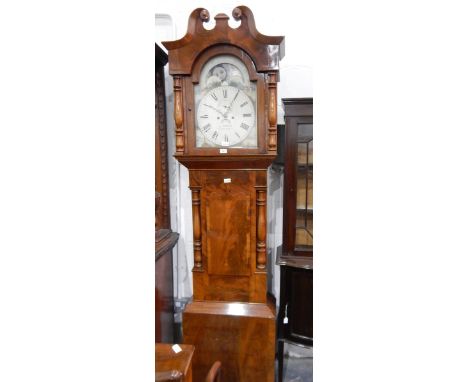 A 19th century mahogany longcase clock with swan neck pediment, the painted broken arch dial with moonphase, calendar apertur