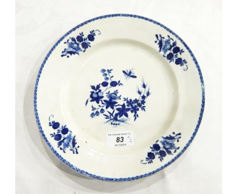 An 18th century porcelain plate in underglaze blue, flowering branch and insect, probably Worcester and a Chinese Imari plate