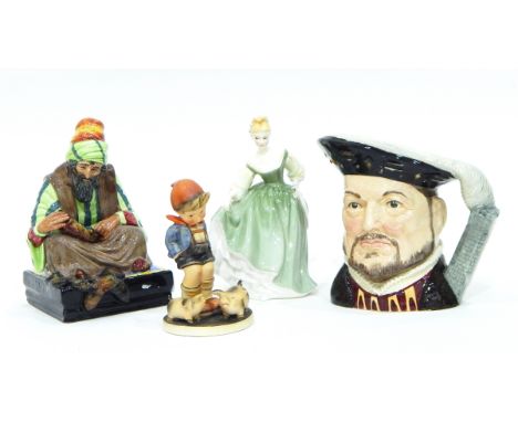 A Royal Doulton model 'Cobbler' HN1706, a Royal Doulton character jug of Henry VIII, a Royal Doulton figure of a 'Fair Lady' 