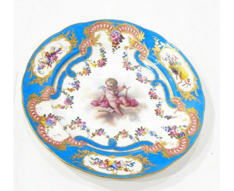 A Sevres style porcelain plate, the 'Bleu Celeste' ground with gilded decoration, the central panel depicting a cherub with l