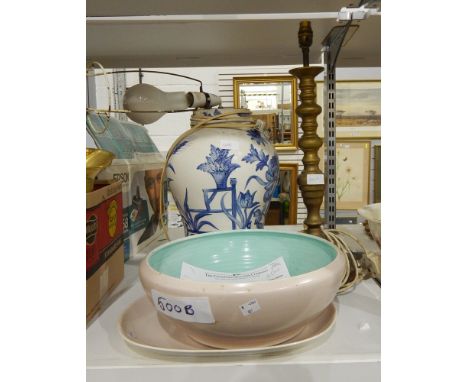 A Poole pottery dish with pink/beige ground and turquoise interior, matching plate, a large ceramic table lamp, cream with bl