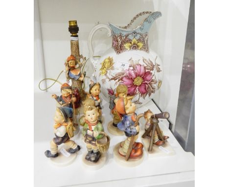 A Goebel table lamp modelled as a young girl perched on a tree branch with dog below, eight further Goebel figures of childre