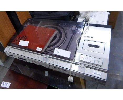 A Bang & Olufsen record player with cassette deck, a pair of Bang & Olufsen speakers and a CD rack 