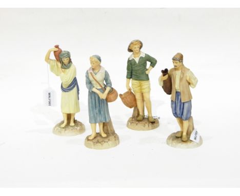 Two pairs of Royal Worcester figures of a male and female Eastern water carrier and French fisher boy and girl, all from the 