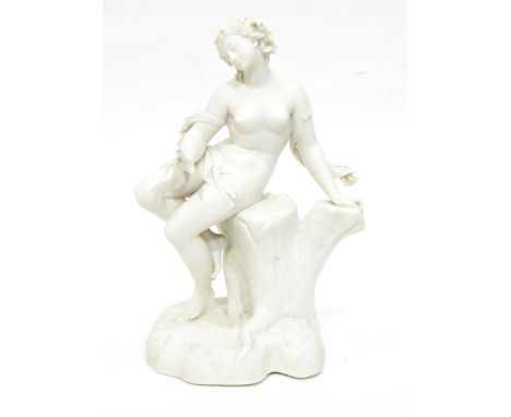 A mid-Victorian Worcester Parian figure of Psyche, seated on a tree stump, blue printed mark to base, 36cm high (loss to fing