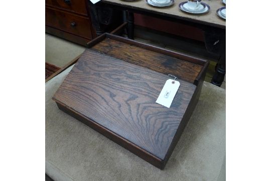 A Large Wooden Sloping Table Top Desk With Lift Up Lid