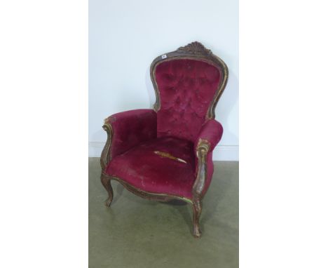 A 19th century giltwood button back armchair  removed from a Cambridge College
- Height 102cm x Width 74cm x Depth 79cm Condi