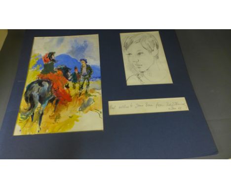 Richard Pitt Kennedy, drawing watercolour - Lady on Horseback with two Gents beyond  - pencil portrait of Jane Bower, signed 