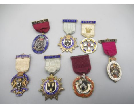 Hallmarked Sterling silver and enamel Royal Masonic Benevolent Institute, 1940 Steward badge, and a collection of similar sil