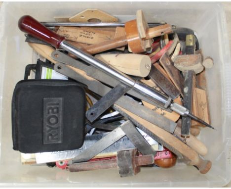 Large assortment of vintage wood working tools, including hammers.  Collection of 6 book binding tooling wheels. 3 boxes   PO