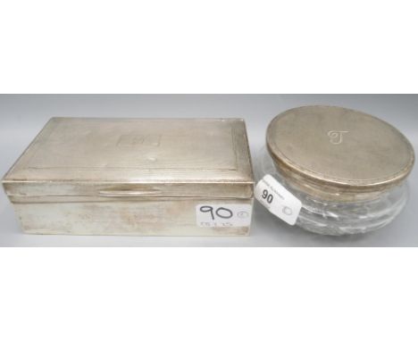 20th century cut glass dressing table pot with a monogrammed silver lid decorated with engine turned pattern by D C Bs, Londo