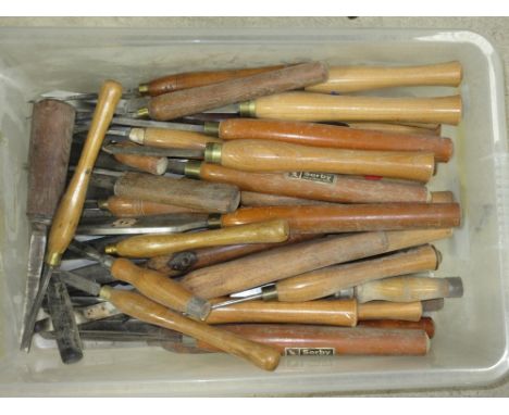 Large collection of wooden-handled vintage wood turning tools, including Sorby and Crown Tools of Sheffield etc. (qty)POA  ht