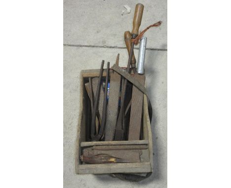 Assortment of farrier's tools, including tripod leg stand, files, a hoof knife, hoof clippers etc.  a set of mechanical sheep