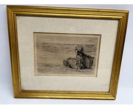 Jozef Israels (Dutch 1824 - 1911) 'Girl with basket seated on the Shore' monochrome etching, 16cm x 23cm with Kunsthandel Bor