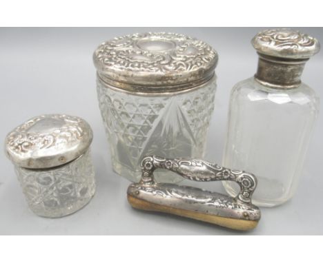 Edwardian silver topped cut glass dressing table jar decorated with scrolling repousse by William Hutton & Sons, Birmingham 1